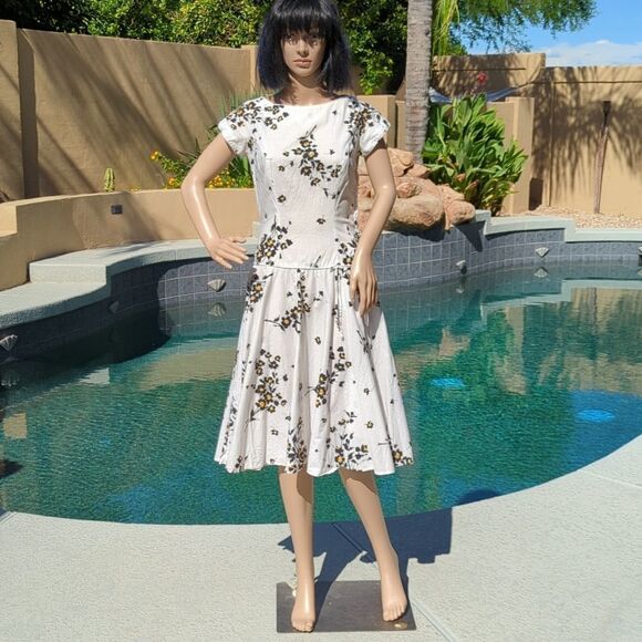 Vintage 1950s Georgiana Drop Waist A-Line Cotton Dress, With Rhinestones - Picture 1 of 16